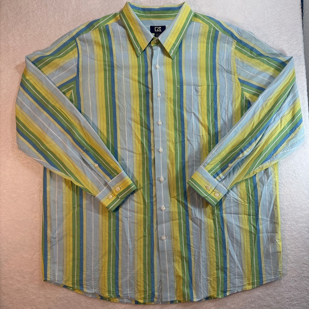 Cutter & Buck Mens 1XB Cotton Silk Striped Button Down Shirt Green Blue Yellow